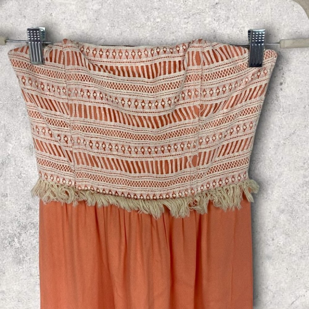 Ella Moss Bohemian Crochet Strapless Maxi Dress Salmon Orange Size XS Boho Raffi - Picture 3 of 13
